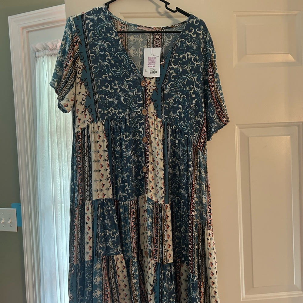Bohemian Blue and Cream Maxi Dress